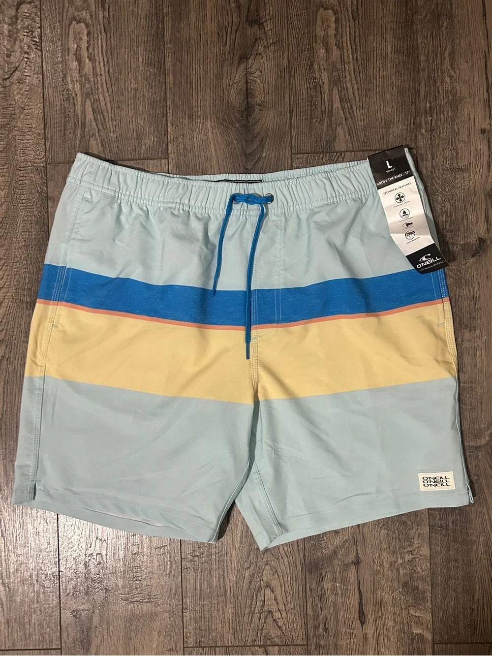 New! O'Neill Light Blue Swim Shorts with Blue and Yellow Stripes Large NWT